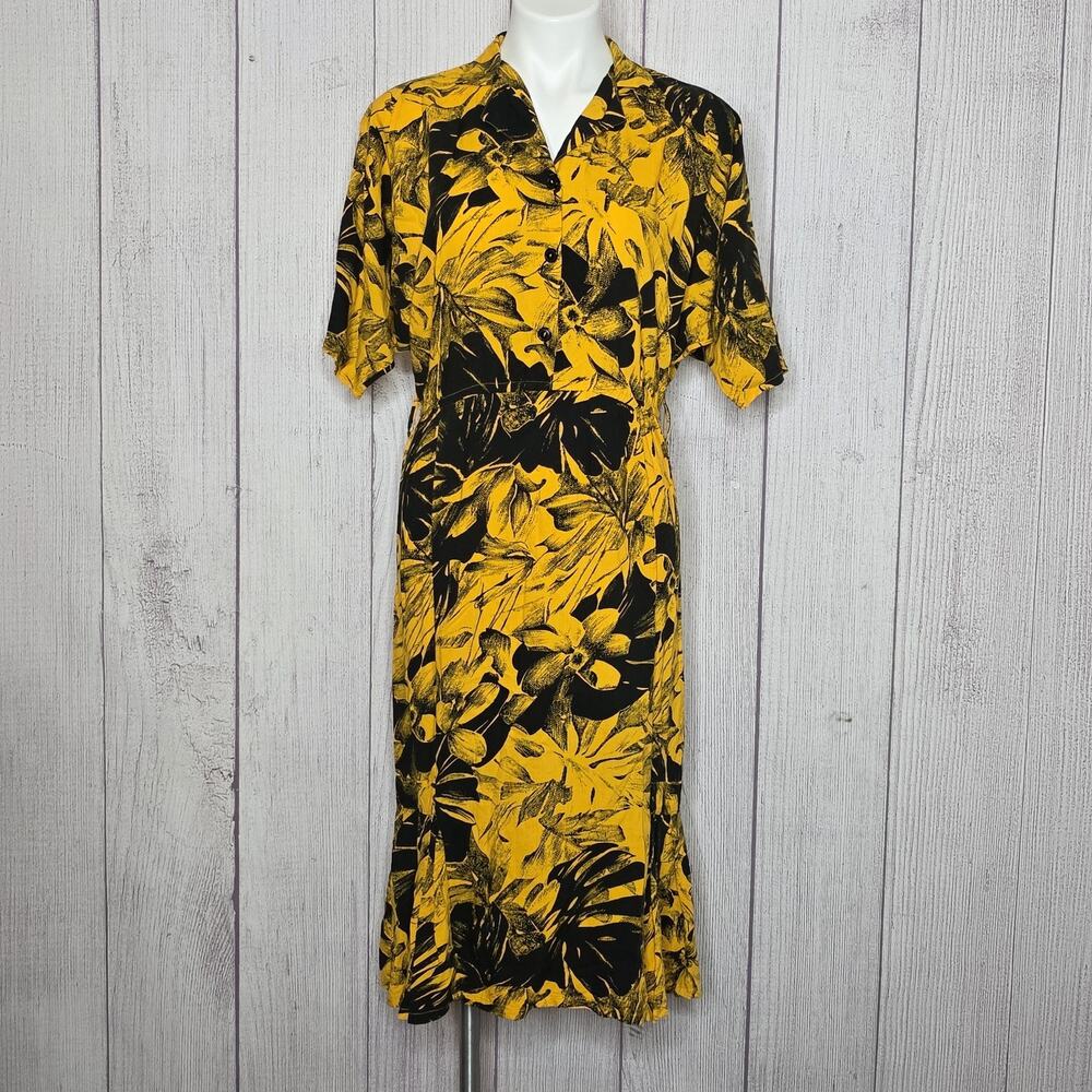 VTG 90s Joni Blair Yellow & Black Floral Midi Dress Dolman Sleeve, sz 7